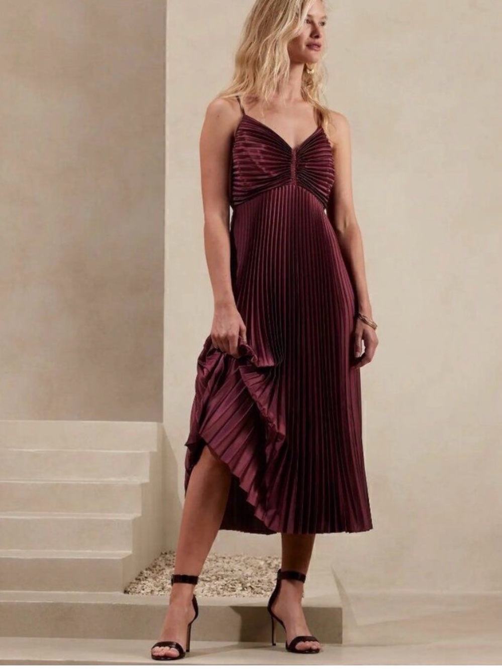 Banana Republic Pleated Spaghetti-Strap Midi Dress in Burgundy